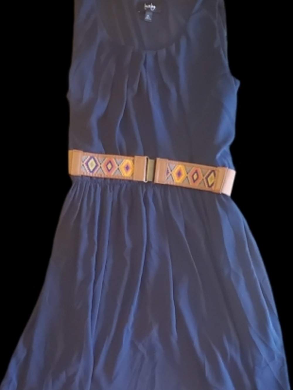 Navy Sleeveless Dress with Embroidered Tan Belt